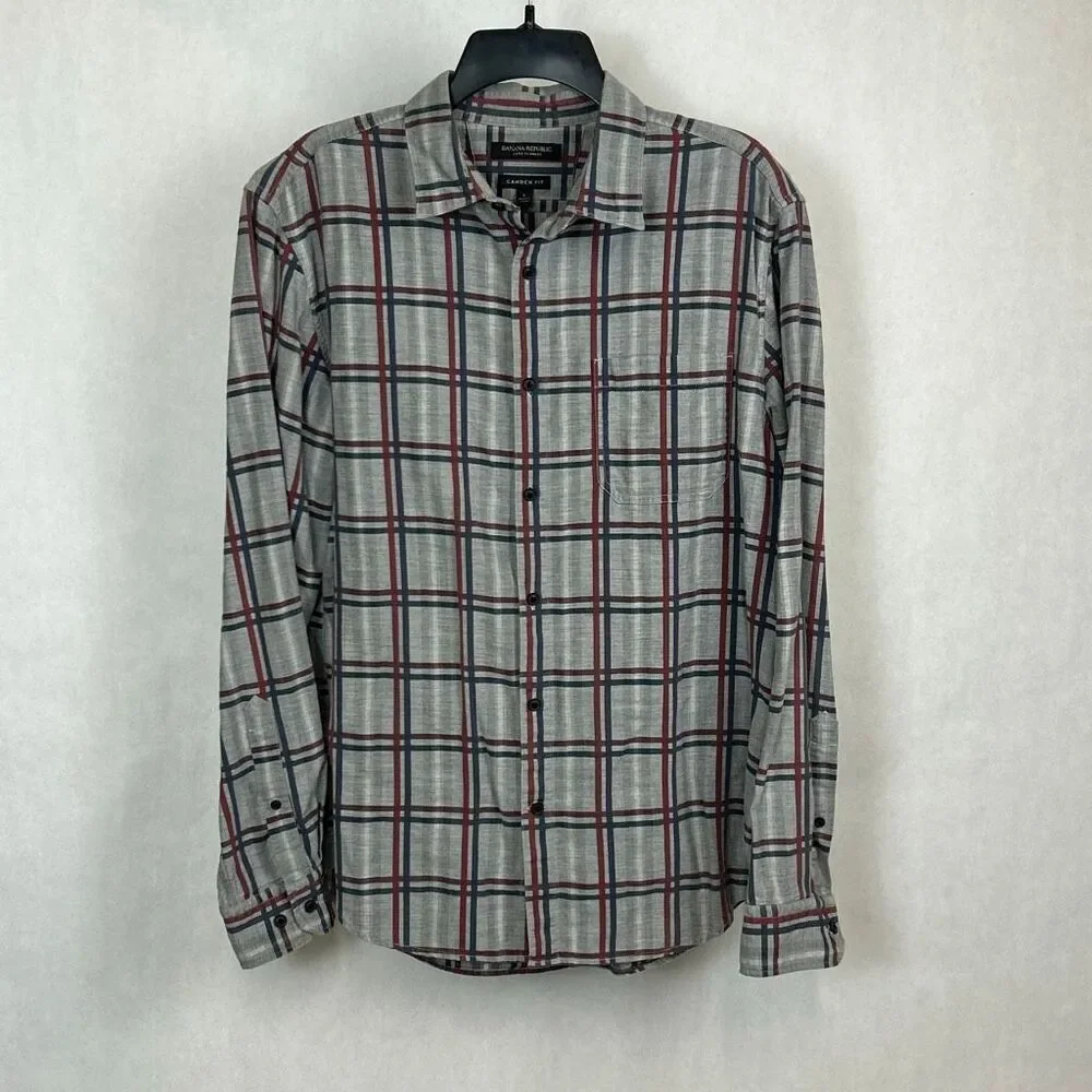 Banana Republic Luxe Flannel Button Down Shirt Camden Fit Sz Large Gray Plaid